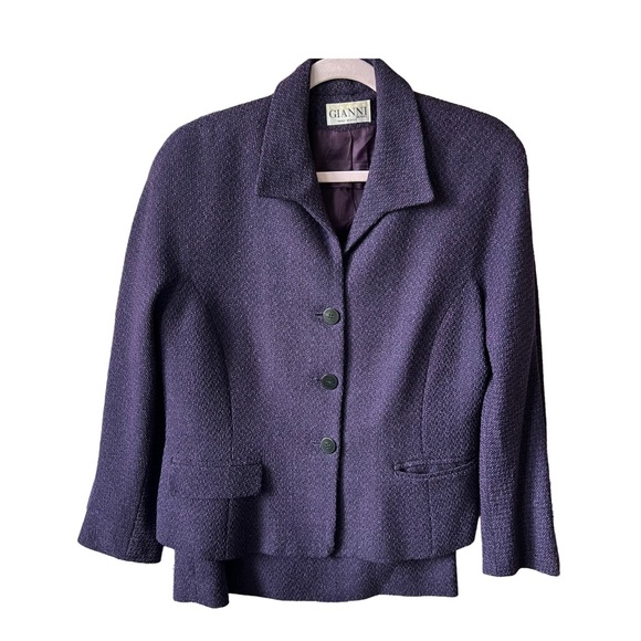 Gianni Petite Designer Purple Wool Jacket Size 14 & Skirt Size 12 Suit Set VTG